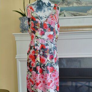 Silk Satin Floral rose print V-Neck Dress,  NWT